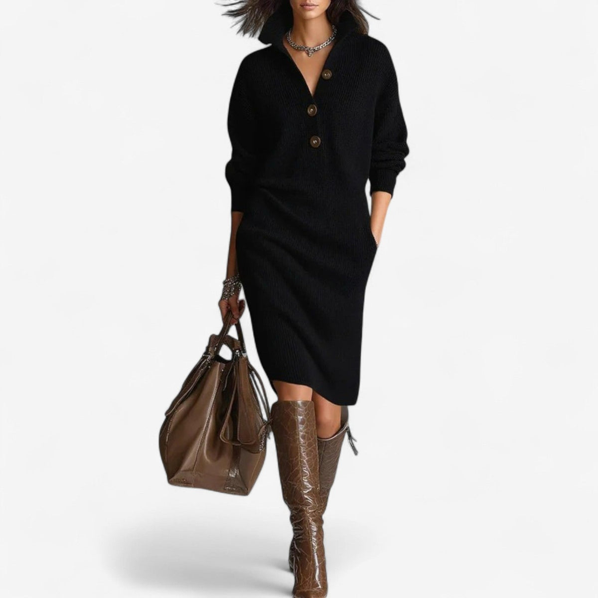 Cassidy | Women's Ribbed Knit Collar Midi Dress