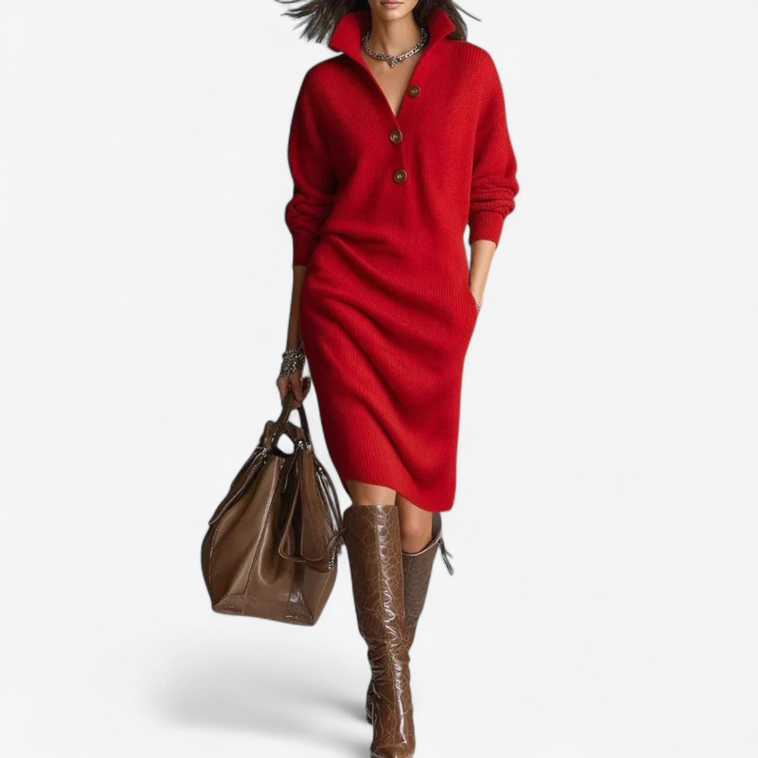Cassidy | Women's Ribbed Knit Collar Midi Dress