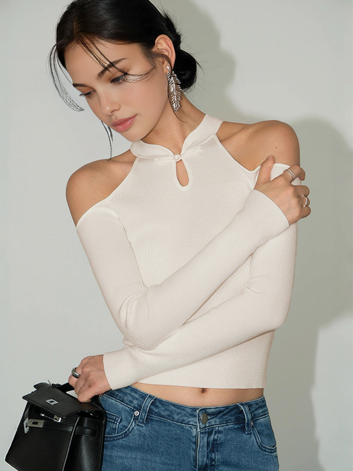 Cold-Shoulder Knot Jersey Top - Maison Sydney