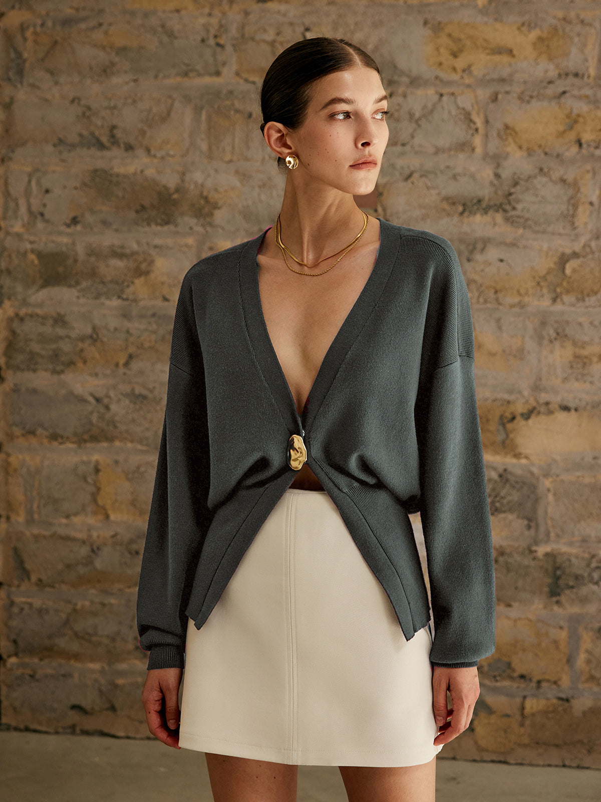 Golden Button Plain Cardigan - Maison Sydney