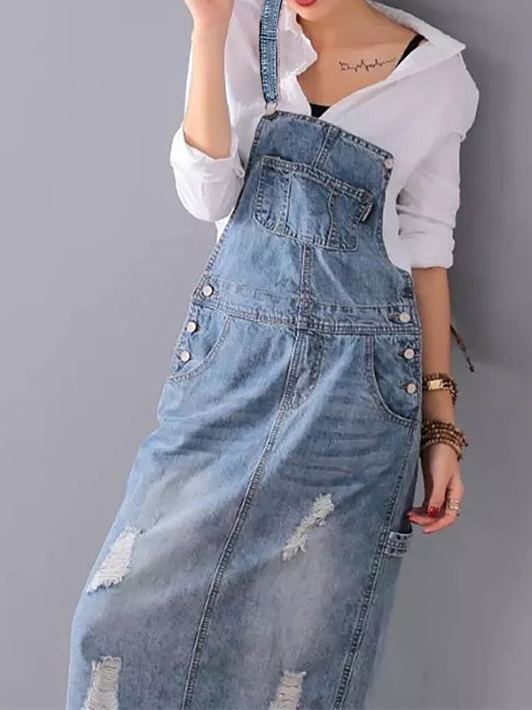 Back Slit Distressed Denim Overalls Dress - Threadford