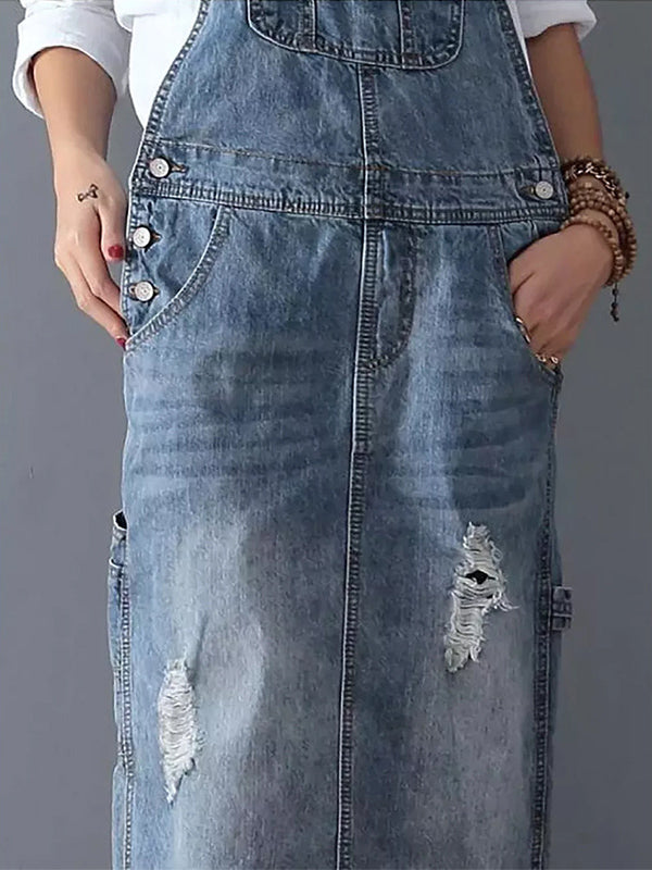 Back Slit Distressed Denim Overalls Dress - Threadford