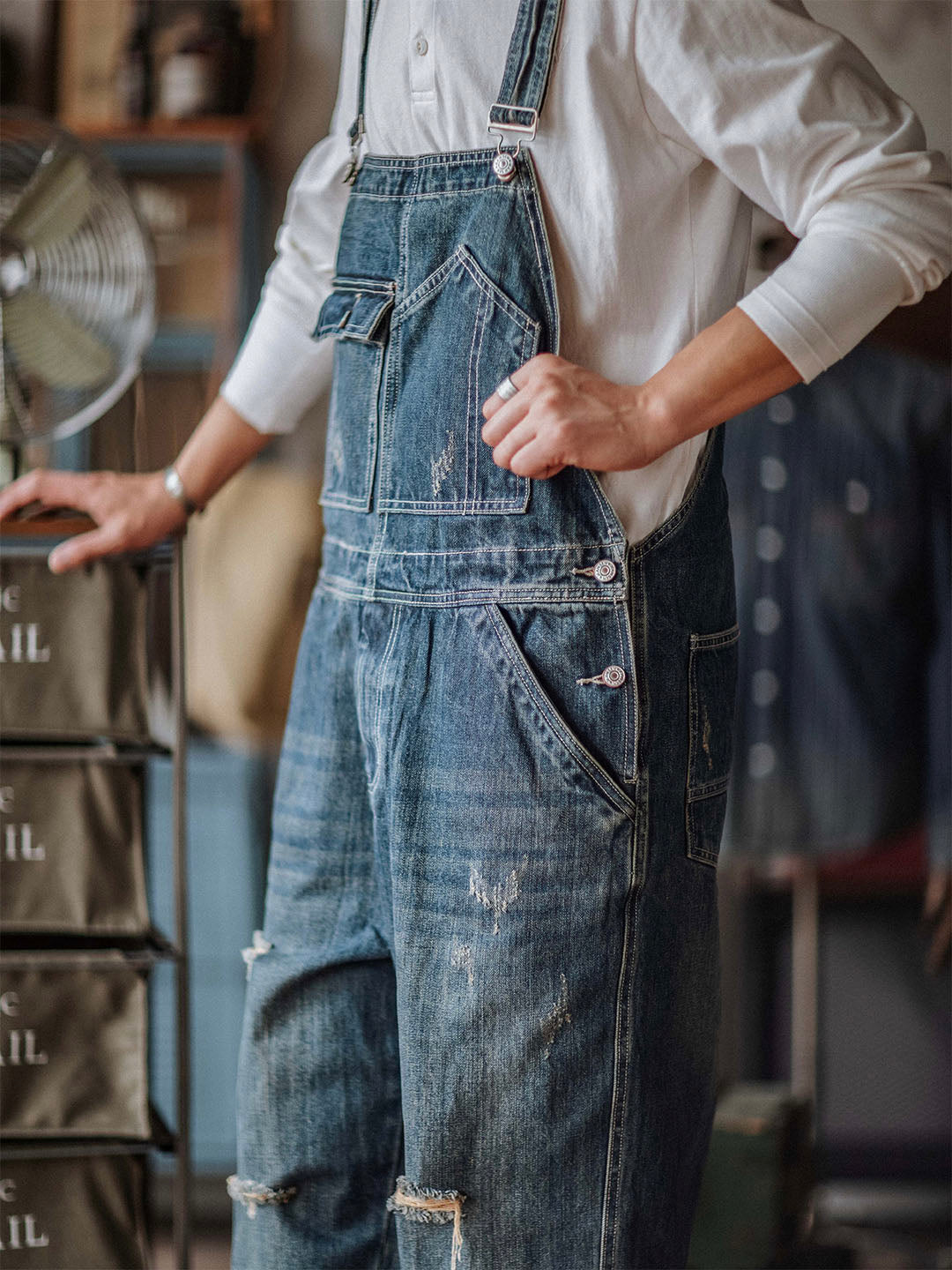 Artisan Distressed Denim Bib Overalls - Threadford