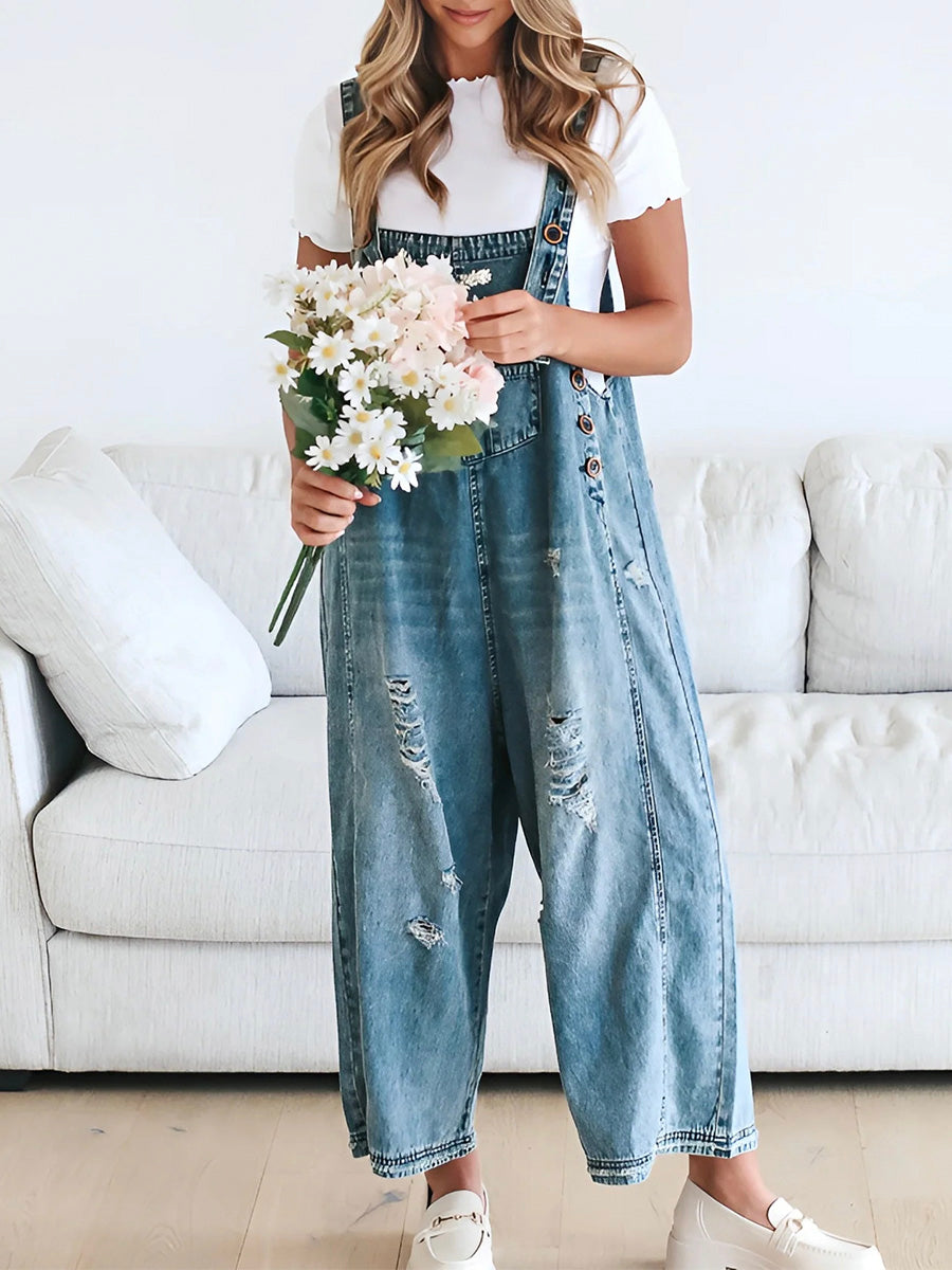 Loose Fit Distressed Denim Overalls - Threadford