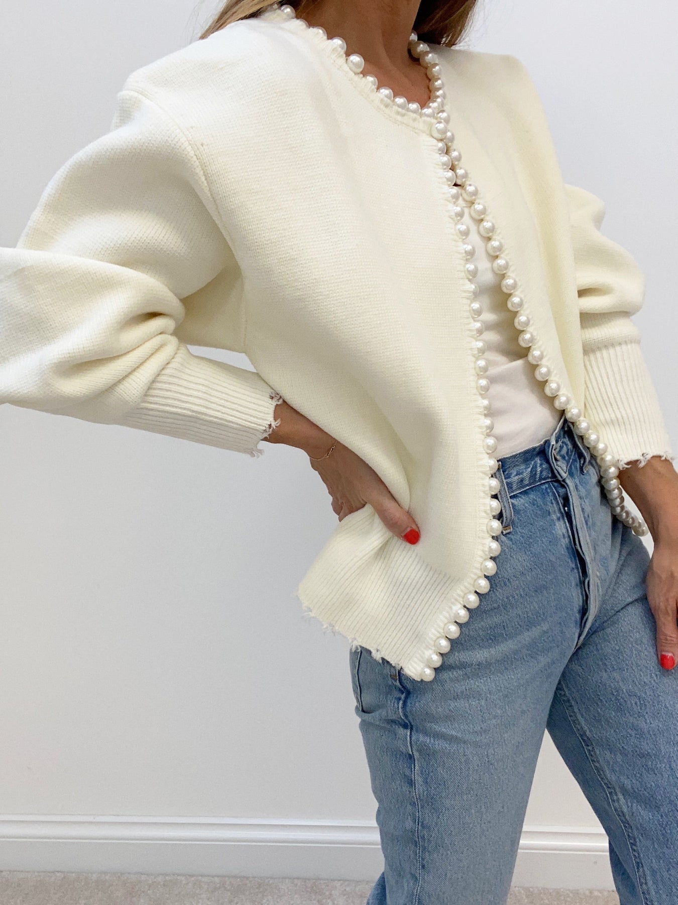 Pearl Trim Ripped Hem Cardigan - Maison Sydney