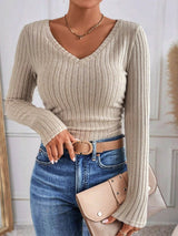 V-Neck Ribbed Skinny T-Shirt - Maison Sydney