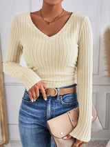 V-Neck Ribbed Skinny T-Shirt - Maison Sydney