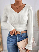 V-Neck Ribbed Skinny T-Shirt - Maison Sydney