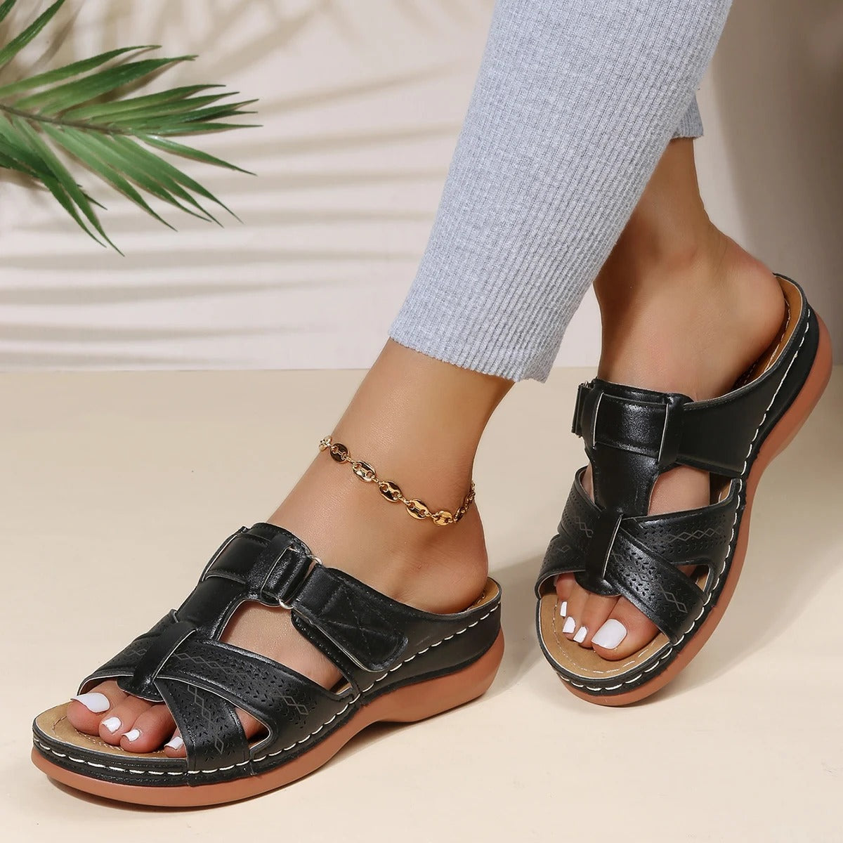 Orthopedic Leather Open-Toe Sandals for Women - Maison Sydney