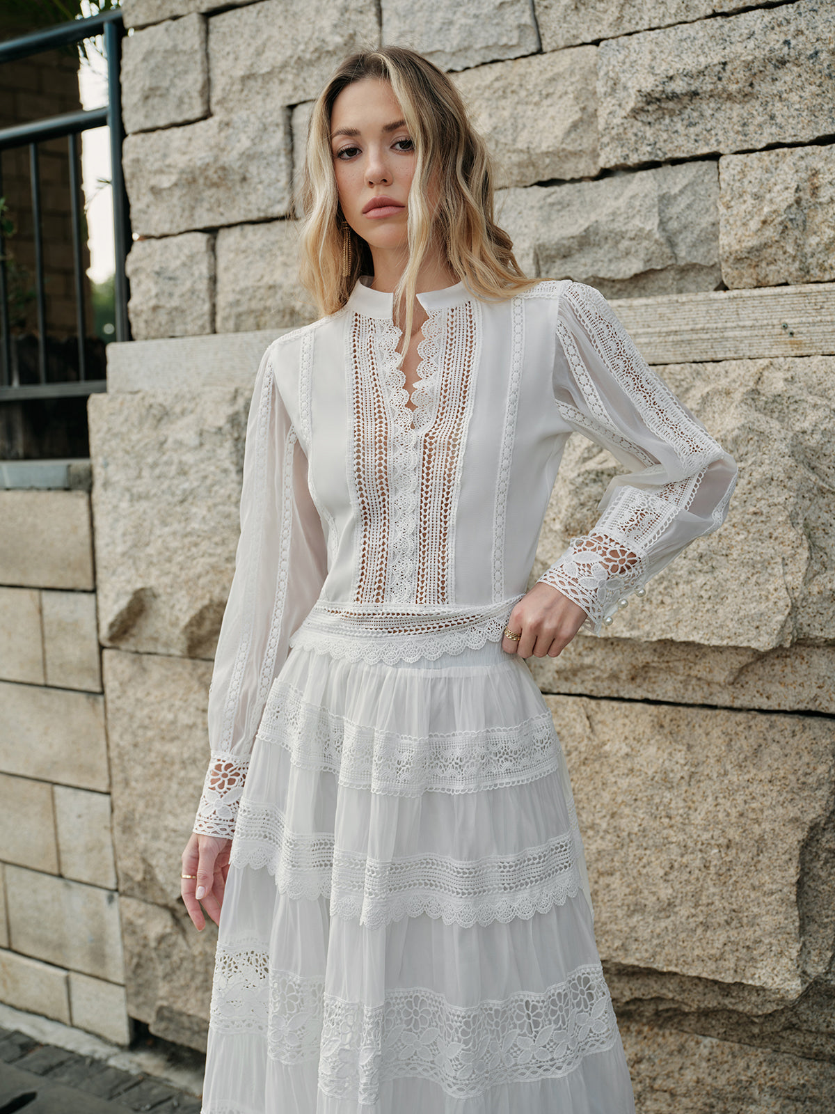 Lace Trim Tiered Skirt Set - Maison Sydney