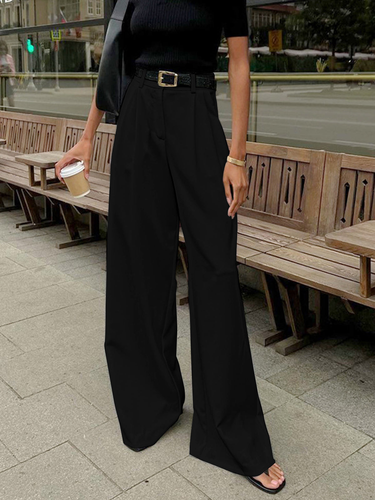 Solid Wide Leg Pants Without Belt - Maison Sydney
