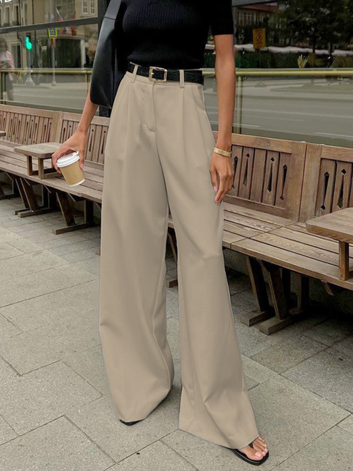 Solid Wide Leg Pants Without Belt - Maison Sydney