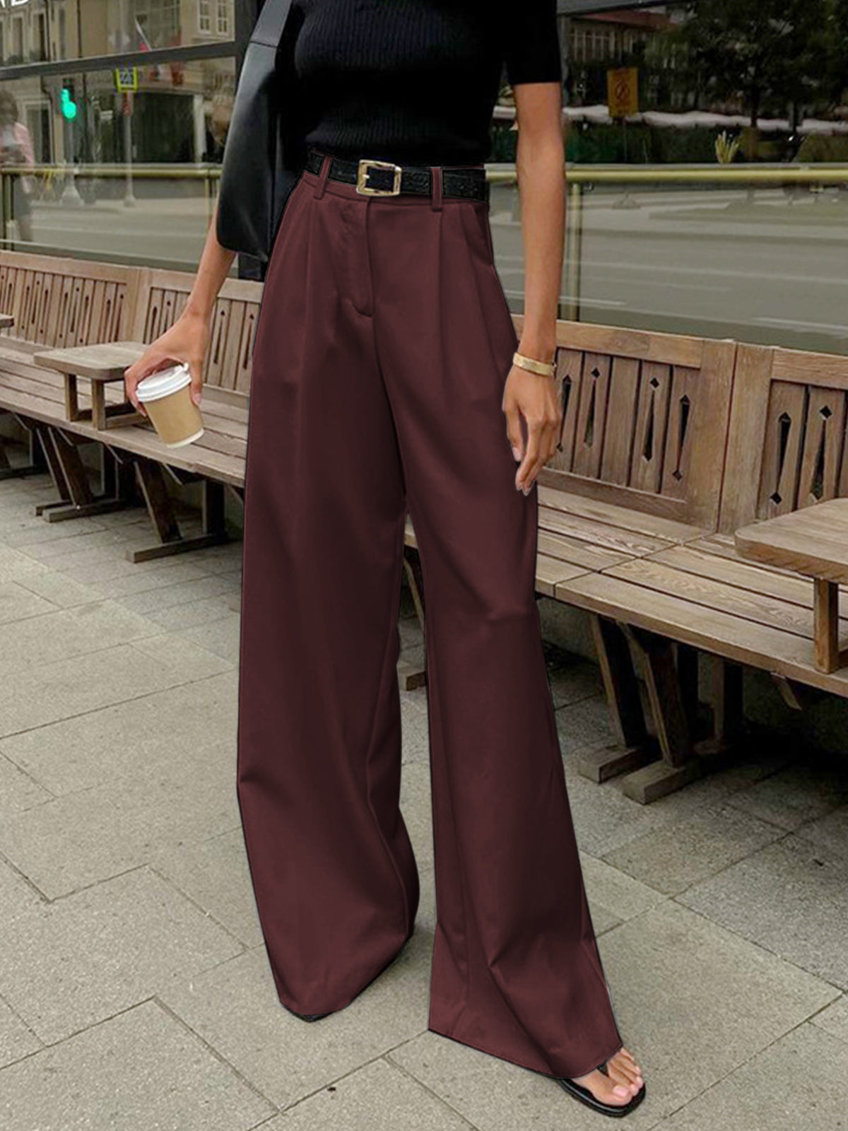 Solid Wide Leg Pants Without Belt - Maison Sydney