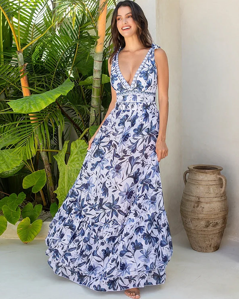 V Neck Lace Up Printed One Piece Swimsuit and Skirt - Maison Sydney