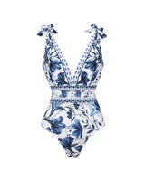 V Neck Lace Up Printed One Piece Swimsuit and Skirt - Maison Sydney