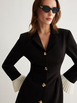 V-Neck Two-Tone Pleated Button Dress - Maison Sydney