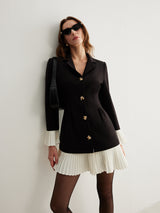 V-Neck Two-Tone Pleated Button Dress - Maison Sydney