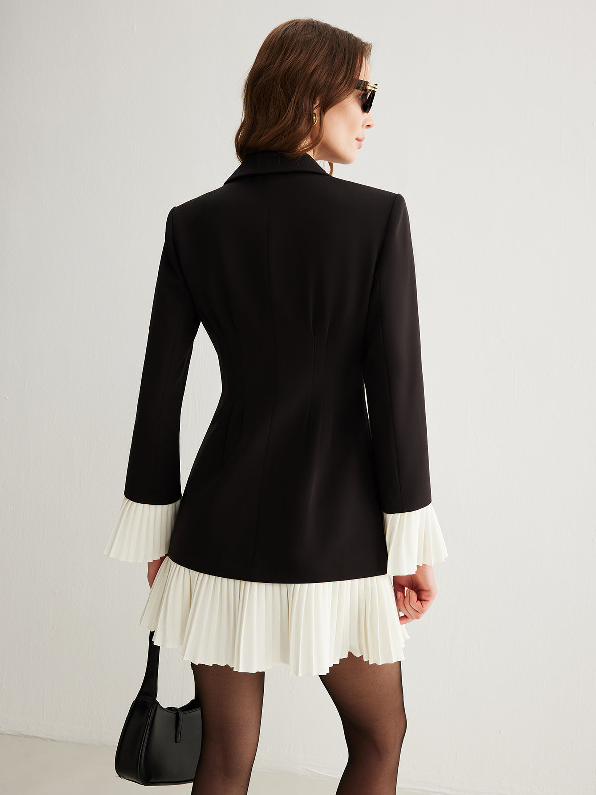 V-Neck Two-Tone Pleated Button Dress - Maison Sydney