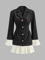 V-Neck Two-Tone Pleated Button Dress - Maison Sydney