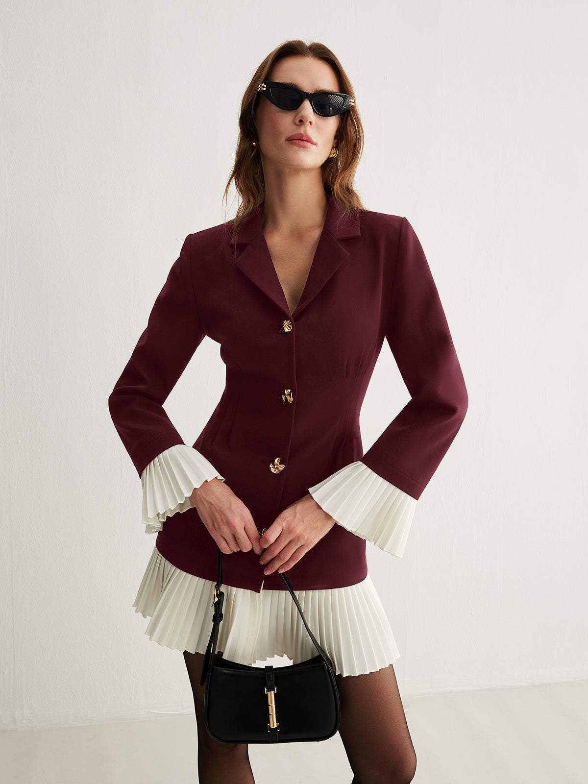 V-Neck Two-Tone Pleated Button Dress - Maison Sydney