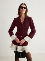 V-Neck Two-Tone Pleated Button Dress - Maison Sydney