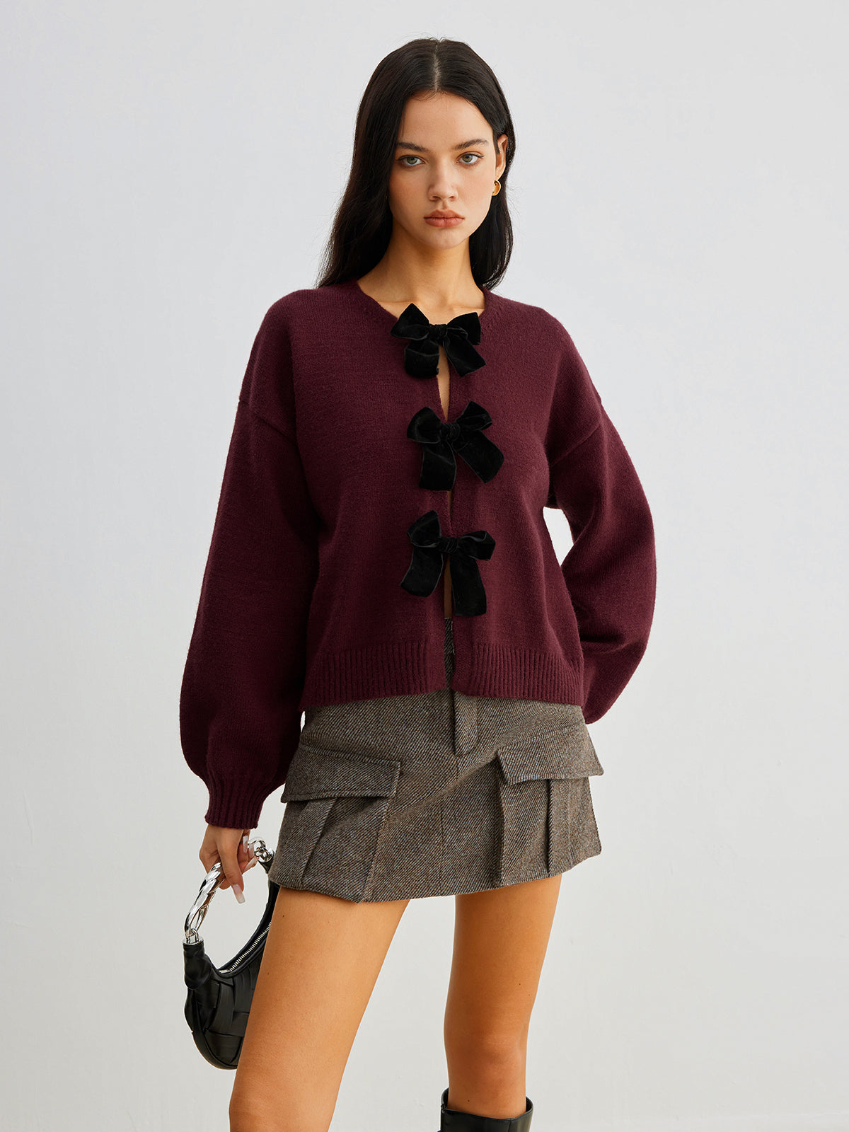 Velvet-Bow Lantern Sleeve Sweater - Maison Sydney
