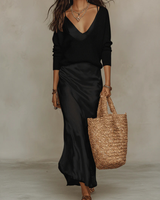 Eliza | Women's V-Neck Cardigan & Satin Midi Dress Set