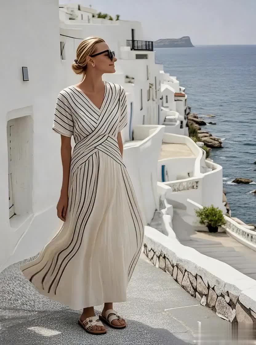 Women Loose Striped Print Dress - Threadford