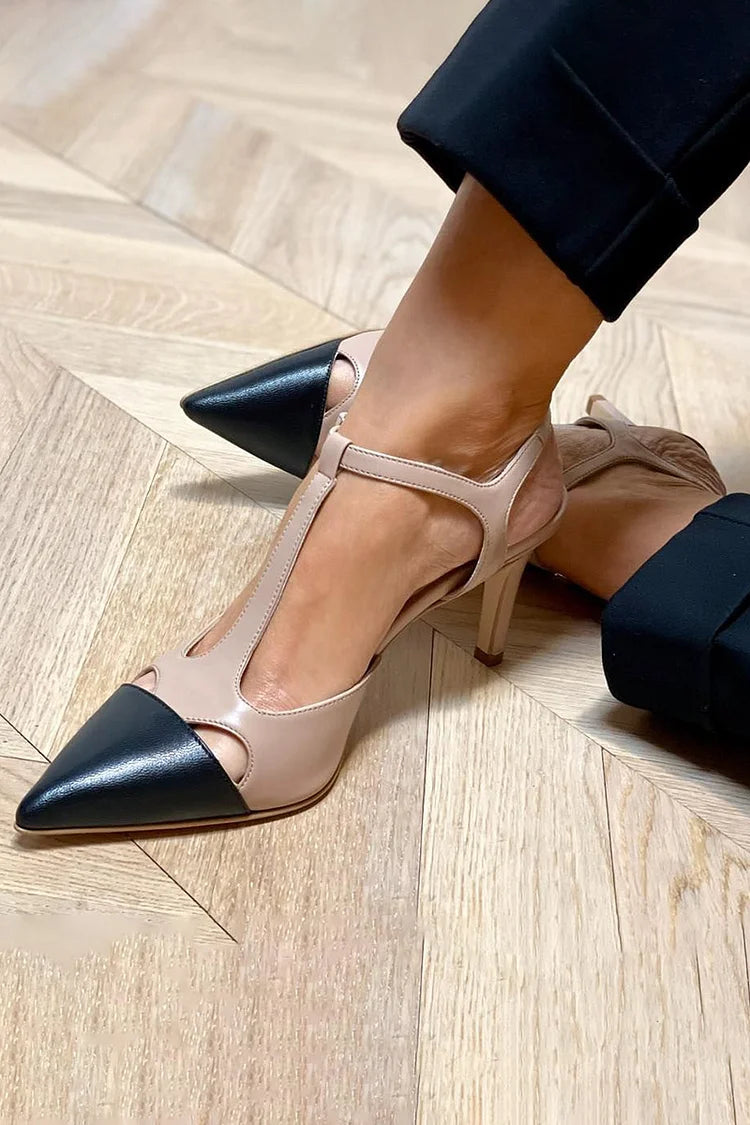 Beige stiletto heels with pointed toe and colour block T-strap - Threadford