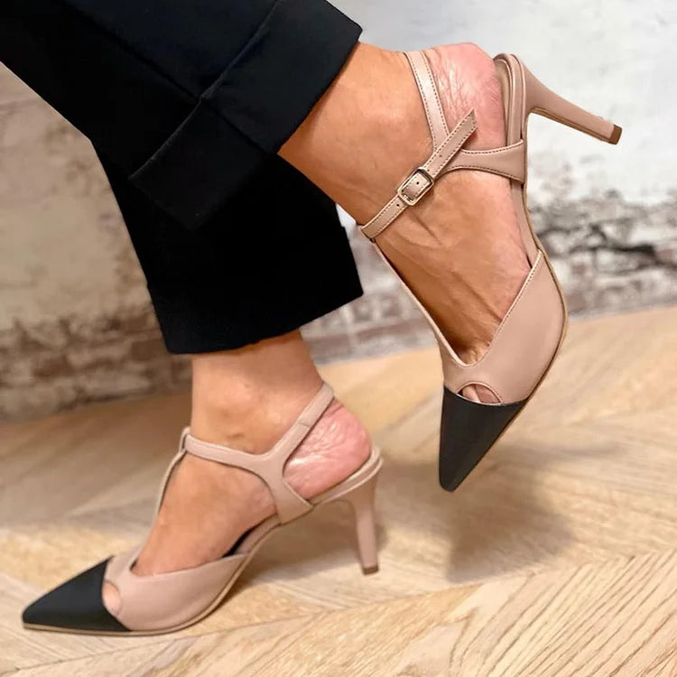 Beige stiletto heels with pointed toe and colour block T-strap - Threadford