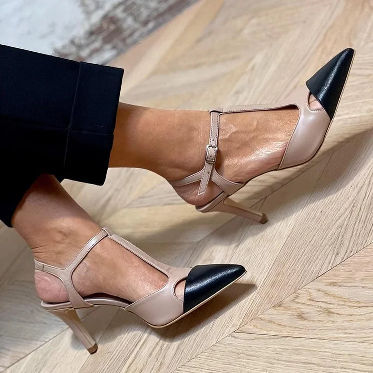 Beige stiletto heels with pointed toe and colour block T-strap - Threadford