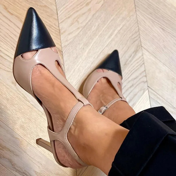 Beige stiletto heels with pointed toe and colour block T-strap - Threadford