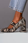 Ankle Strap with Buckle Zebra Print Chunky Black Heels - Threadford