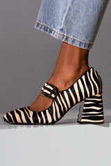 Ankle Strap with Buckle Zebra Print Chunky Black Heels - Threadford