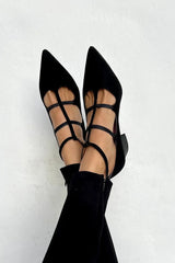 Black chunky pointed toe heels with multiple criss-cross straps - Threadford