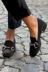 Black loafers with low heel and metallic buckle in faux suede - Threadford