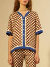 Unique Checkerboard Print Blue Stripe Patchwork Loose Top - Threadford