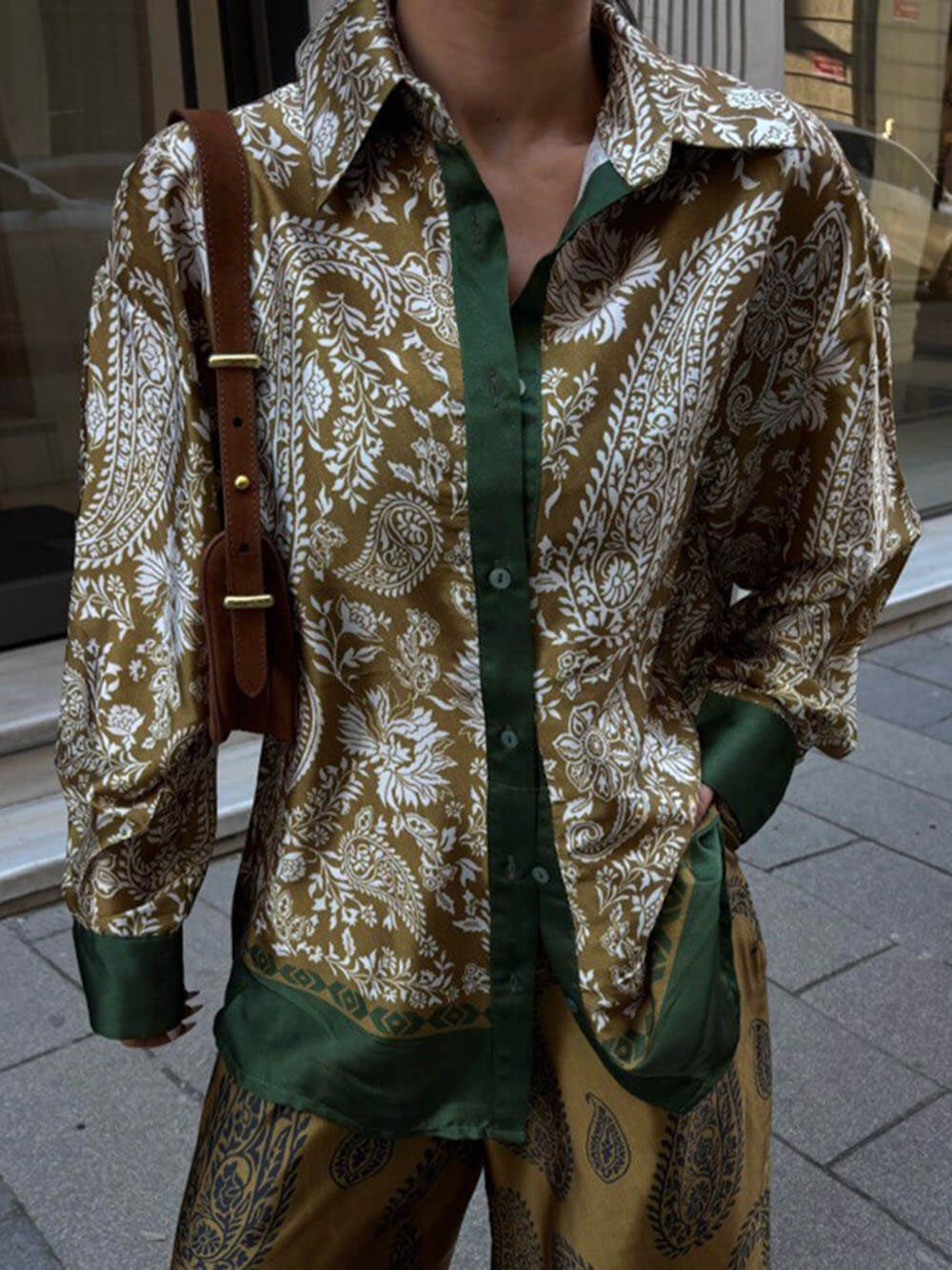 Modern Feel Contrast Color Paisley Unique Print Button Down Oversized Blouse - Threadford