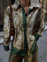 Modern Feel Contrast Color Paisley Unique Print Button Down Oversized Blouse - Threadford