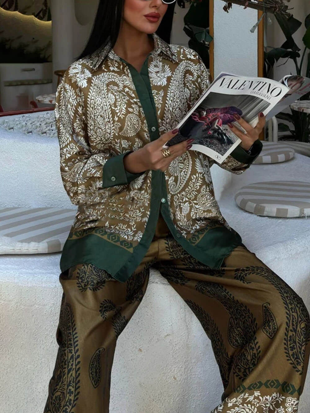 Modern Feel Contrast Color Paisley Unique Print Button Down Oversized Blouse - Threadford