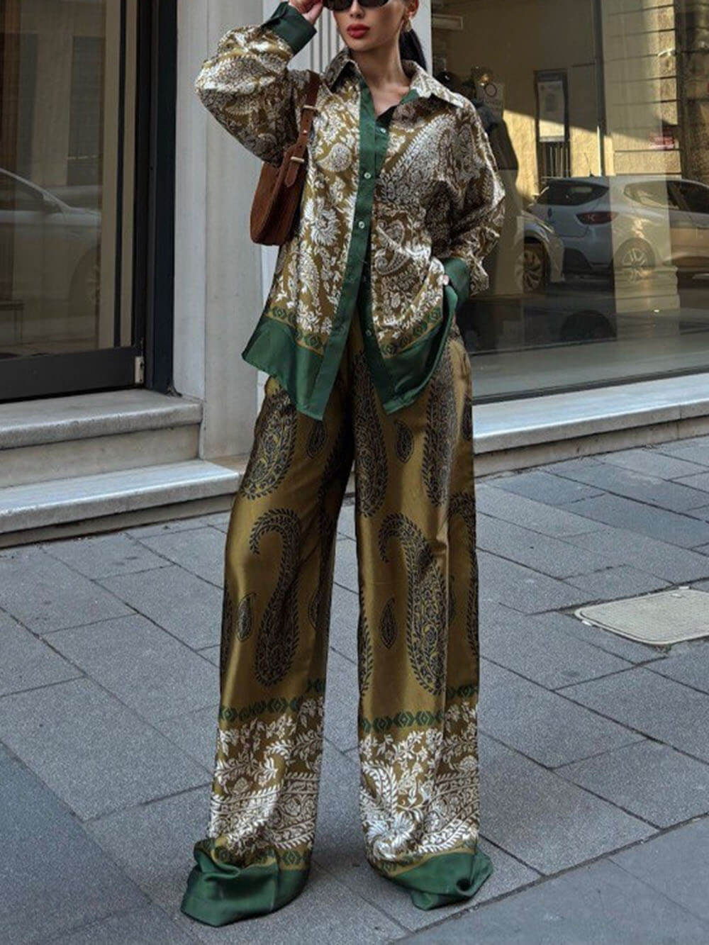 Modern Feel Contrast Color Paisley Unique Print Button Down Oversized Blouse - Threadford