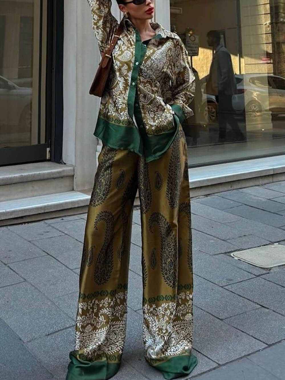 Modern Feel Contrast Color Paisley Unique Print Button Down Oversized Blouse - Threadford