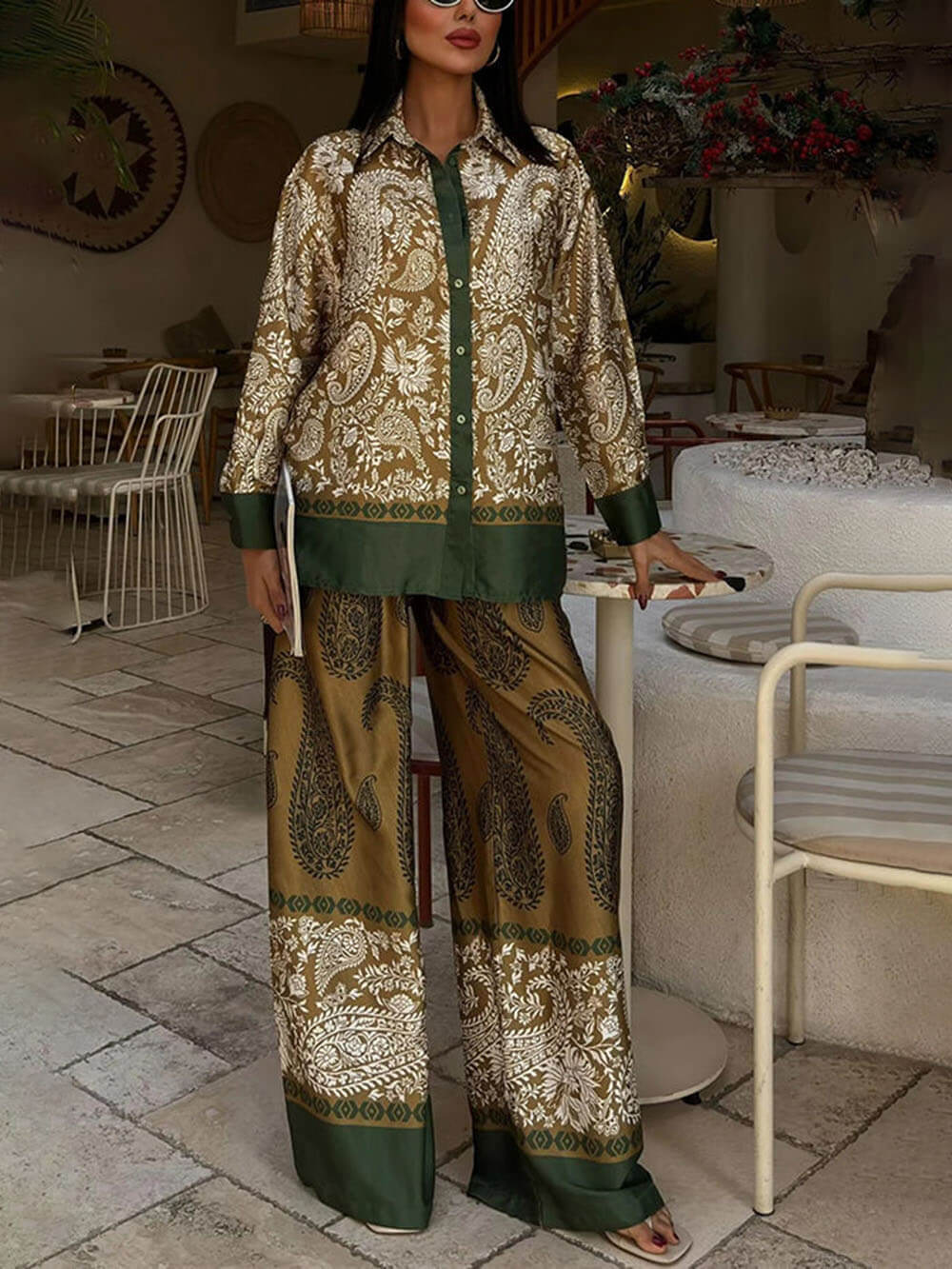 Modern Feel Contrast Color Paisley Unique Print Button Down Oversized Blouse - Threadford