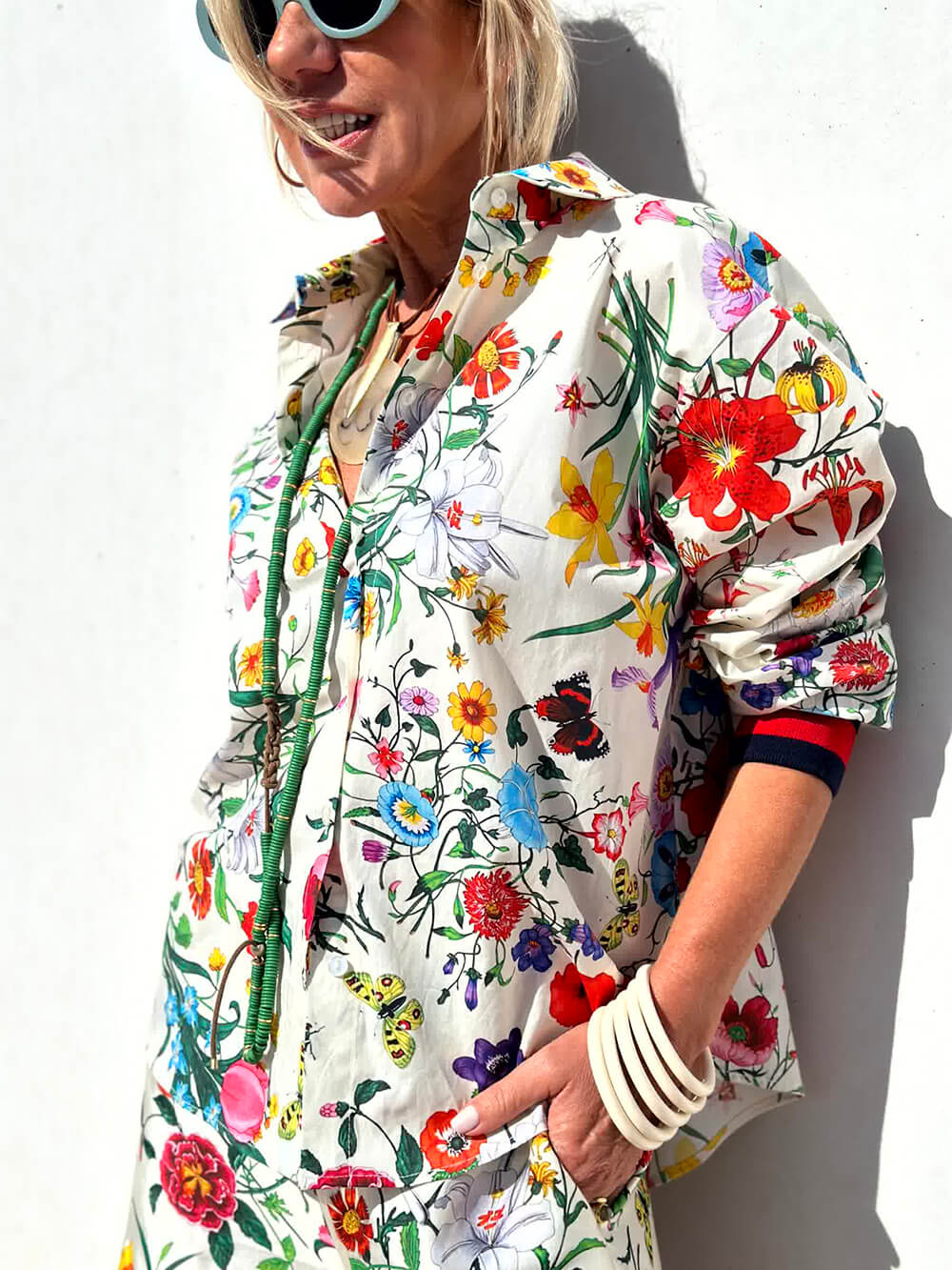 Floral Unique Print Button Down Oversized Blouse - Threadford