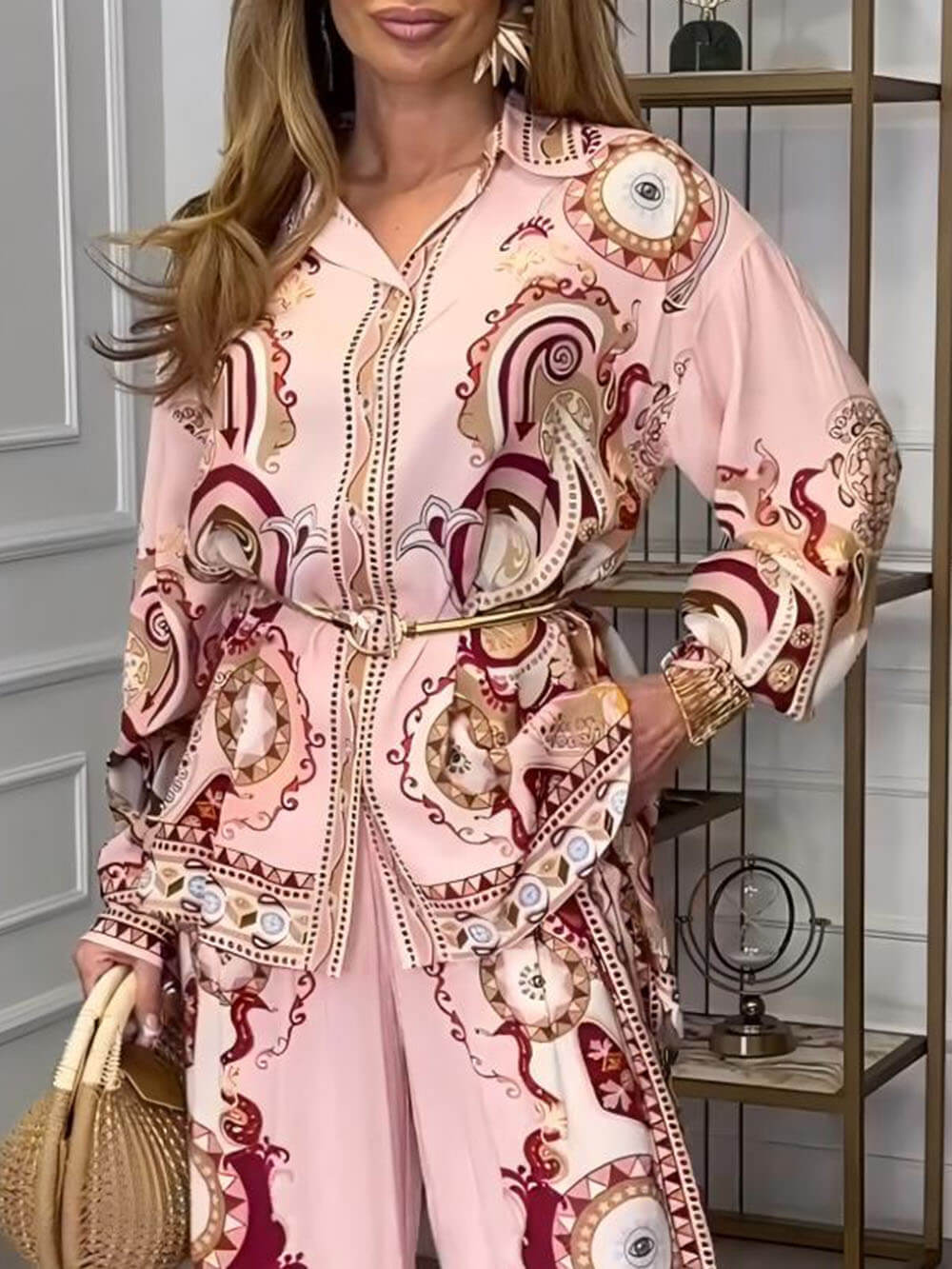 Modern And Sophisticated Unique Satin Pattern Print Button-Down Loose Shirt - Threadford