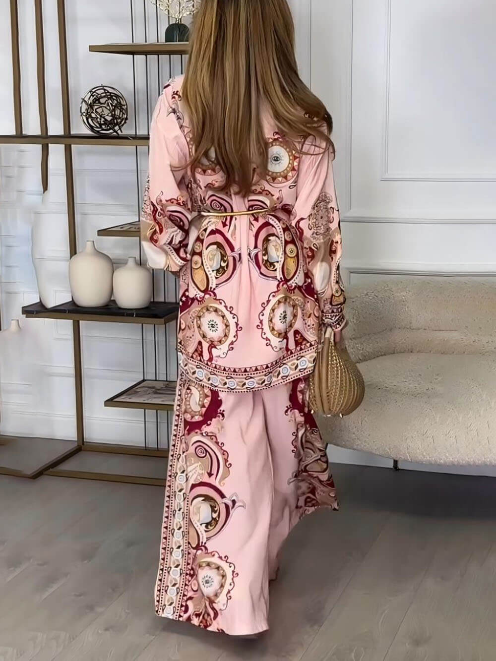 Modern And Sophisticated Unique Satin Pattern Print Button-Down Loose Shirt - Threadford