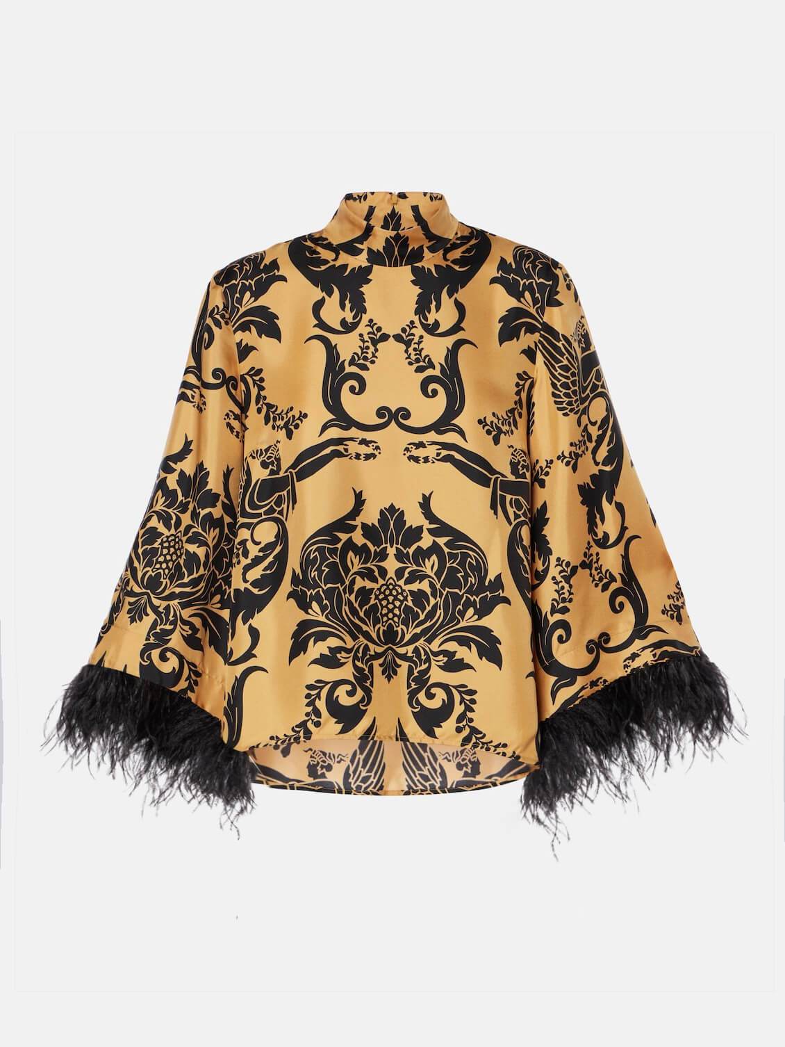 Ethnic Satin Print Feather Cuffs Loose Top - Threadford