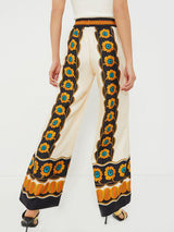 Satin Exquisite Flower Print Loose Wide-Leg Pants - Threadford