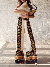 Satin Exquisite Flower Print Loose Wide-Leg Pants - Threadford