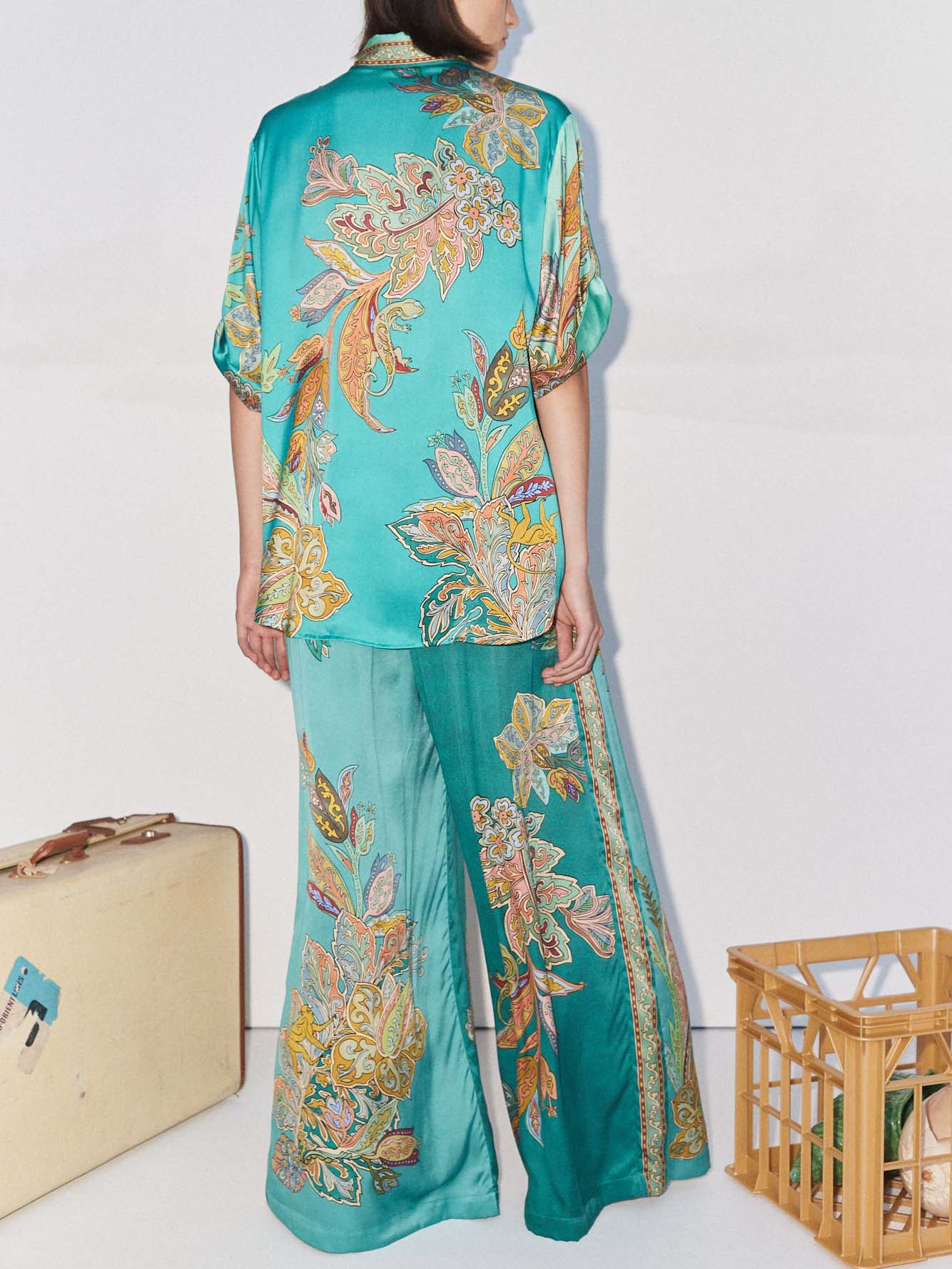 Exquisite Satin Unique Plant Flower Print Loose Wide-Leg Pants - Threadford